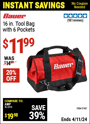 Buy the BAUER 16 in. Tool Bag With 6 Pockets (Item 57487) for $11.99, valid through 4/11/2024.