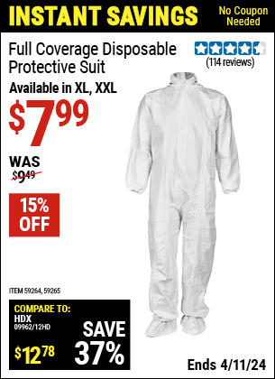 Buy the RANGER Full Coverage Disposable Protective Suit, X-Large (Item 59264/59265) for $7.99, valid through 4/11/2024.