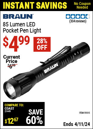 Buy the RAUN 85 Lumen LED Pocket Penlight (Item 59315) for $4.99, valid through 4/11/2024.