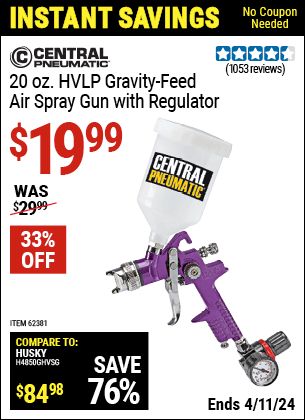 Buy the CENTRAL PNEUMATIC 20 oz. HVLP Gravity Feed Air Spray Gun with Regulator (Item 62381) for $19.99, valid through 4/11/2024.