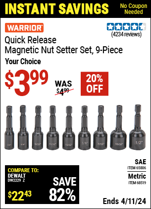 Buy the WARRIOR SAE Quick Release Magnetic Nutsetter Set 9 Pc. (Item 65806/68519) for $3.99, valid through 4/11/2024.
