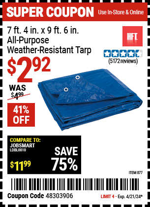Buy the HFT 7 ft. 4 in. x 9 ft. 6 in. Blue All-Purpose Weather-Resistant Tarp (Item 877) for $2.92, valid through 4/21/24.