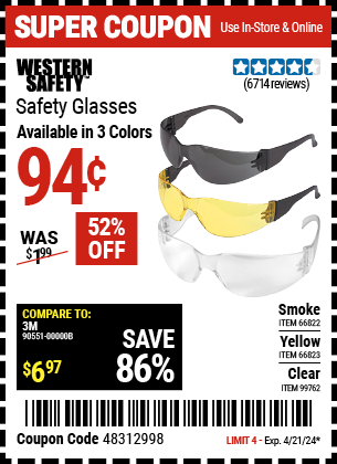 Buy the WESTERN SAFETY Safety Glasses with Smoke Lenses (Item 66822/66823/99762) for $0.94, valid through 4/21/24.