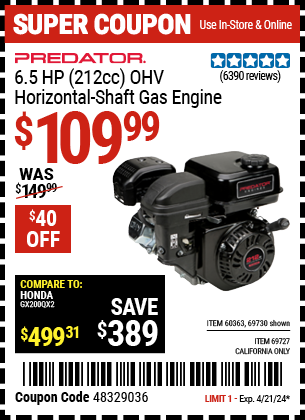 Buy the PREDATOR ENGINES 6.5 HP (212cc) OHV Horizontal-Shaft Gas Engine (Item 69727/60363/69727) for $109.99, valid through 4/21/24.