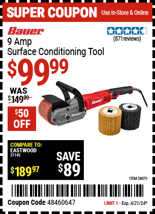 Buy the BAUER 9 Amp Surface Conditioning Tool (Item 58079) for $99.99, valid through 4/21/24.