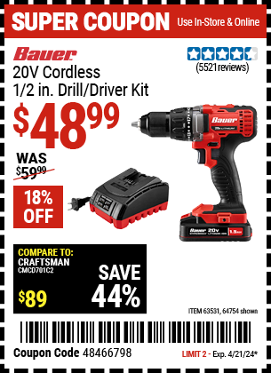 Buy the BAUER 20V Lithium 1/2 in. Drill/Driver Kit (Item 64754/63531) for $48.99, valid through 4/21/24.