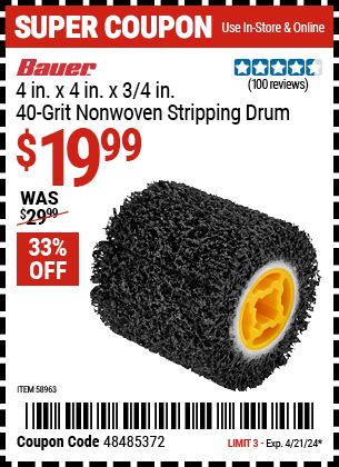 Buy the BAUER 4 in. x 4 in. x 3/4 in. 40 Grit Non-Woven Stripping Drum (Item 58963) for $19.99, valid through 4/21/24.