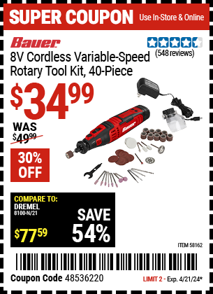 Buy the BAUER 8V Cordless Variable Speed Rotary Tool Kit (Item 58162) for $34.99, valid through 4/21/24.