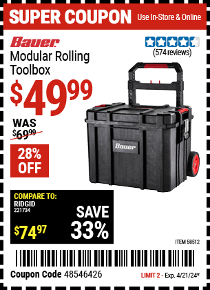 Buy the BAUER Modular Rolling Tool Box (Item 58512) for $49.99, valid through 4/21/24.