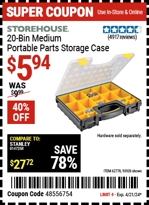 Buy the STOREHOUSE 20-Bin Medium Portable Parts Storage Case (Item 93928/62778) for $5.94, valid through 4/21/24.