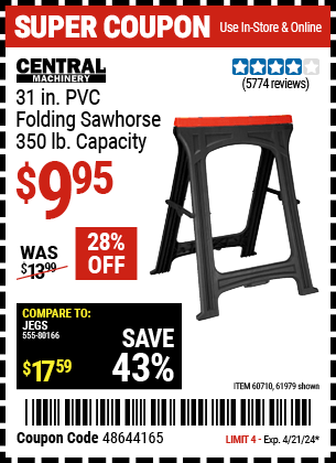 Buy the CENTRAL MACHINERY 31 in. PVC Folding Sawhorse, 350 lb. Capacity (Item 61979/60710) for $9.95, valid through 4/21/24.