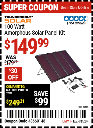 Buy the THUNDERBOLT MAGNUM SOLAR 100 Watt Solar Panel Kit (Item 63585) for $149.99, valid through 4/21/24.