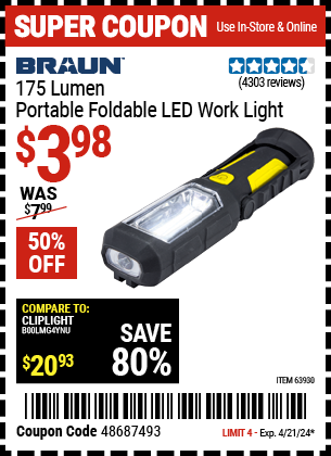Buy the BRAUN Portable Folding LED Work Light (Item 63930) for $3.98, valid through 4/21/24.
