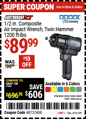 Buy the EARTHQUAKE 1/2 in. Composite Xtreme Torque Air Impact Wrench (Item 58684/58681/58682/58683/58685/58987) for $89.99, valid through 4/21/24.