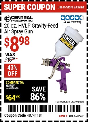 Buy the CENTRAL PNEUMATIC 20 oz. HVLP Gravity Feed Air Spray Gun (Item 62300/47016/67181) for $8.98, valid through 4/21/24.