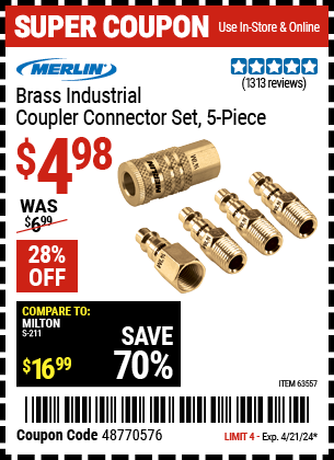 Buy the MERLIN Brass Industrial Coupler Connector Kit 5 Pc. (Item 63557) for $4.98, valid through 4/21/24.