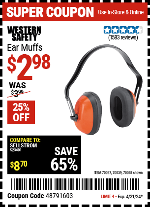 Buy the WESTERN SAFETY Industrial Ear Muffs (Item 70038/70037/70039) for $2.98, valid through 4/21/24.