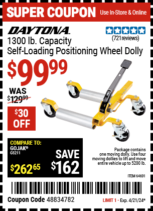 Buy the DAYTONA 1300 lb. Self-Loading Positioning Wheel Dolly (Item 64601) for $99.99, valid through 4/21/24.