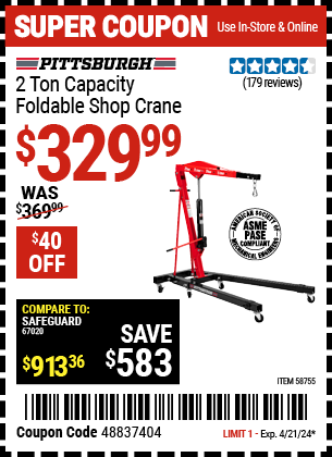 Buy the PITTSBURGH 2 Ton-Capacity Foldable Shop Crane (Item 58755) for $329.99, valid through 4/21/24.