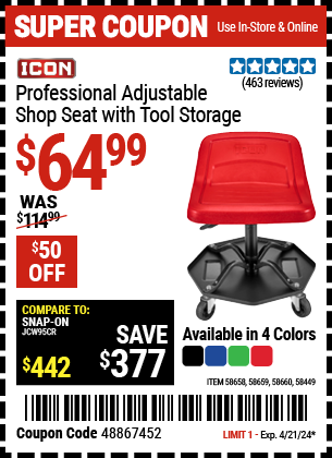 Buy the ICON Professional Adjustable Shop Seat with Tool Storage (Item 58449/58658/58659/58660) for $64.99, valid through 4/21/24.