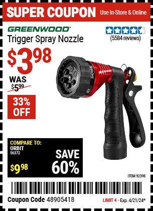 Buy the GREENWOOD Trigger Spray Nozzle (Item 92398) for $3.98, valid through 4/21/24.