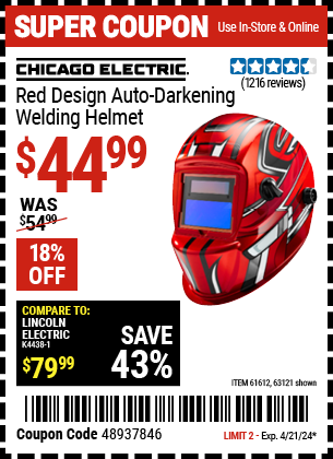 Buy the CHICAGO ELECTRIC Red Design Auto Darkening Welding Helmet (Item 63121/61612) for $44.99, valid through 4/21/24.