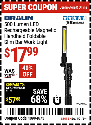 Buy the BRAUN 500 Lumen LED Rechargeable Magnetic Handheld Foldable Slim Bar Work Light (Item 59536) for $17.99, valid through 4/21/24.