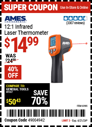 Buy the AMES 12:1 Infrared Laser Thermometer (Item 63985) for $14.99, valid through 4/21/24.