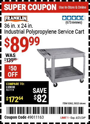 Buy the HAUL-MASTER 24 in. x 36 in. Polypropylene Industrial Service Cart (Item 92862/58323) for $89.99, valid through 4/21/24.
