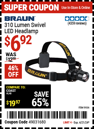 Buy the BRAUN 310 Lumen Swivel LED Headlamp (Item 59336) for $6.92, valid through 4/21/24.