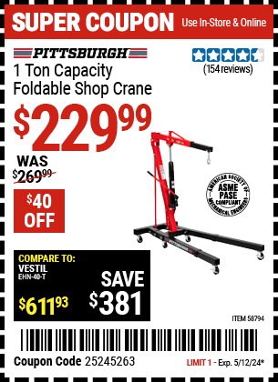 Buy the PITTSBURGH1 Ton Capacity Foldable Shop Crane (Item 58794) for $229.99, valid through 5/12/24.
