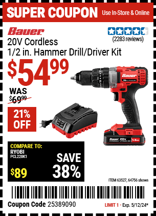 Buy the BAUER 20V 1/2 in. Hammer Drill Kit (Item 64756/63527) for $54.99, valid through 5/12/24.