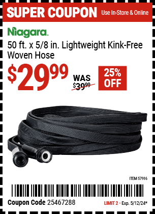 Buy the NIAGARA 50 ft. Lightweight Kink-Free Woven Hose (Item 57916) for $29.99, valid through 5/12/24.