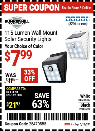Buy the BUNKER HILL SECURITY Wall Mount Solar Security Light — White (Item 56330/56252) for $7.99, valid through 5/12/24.