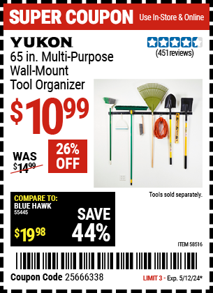 Buy the YUKON 65 in. Multi-Purpose Wall Mount Tool Organizer (Item 58516) for $10.99, valid through 5/12/24.