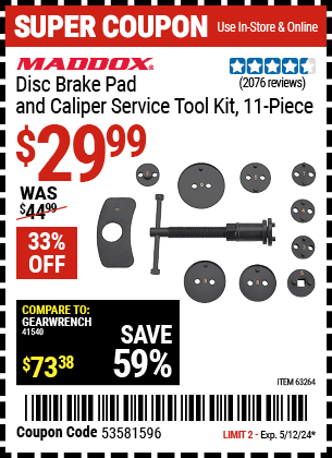 Buy the MADDOX Disc Brake Pad and Caliper Service Tool Kit 11 Pc. (Item 63264) for $29.99, valid through 5/12/24.