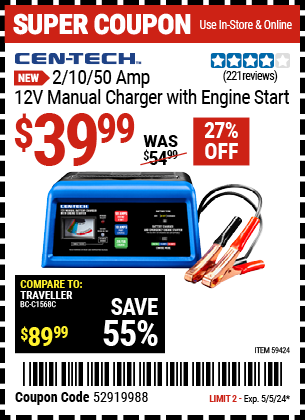 Buy the CEN-TECH2/10/50 Amp, 12V Manual Charger with Engine Start (Item 59424) for $39.99, valid through 5/5/24.