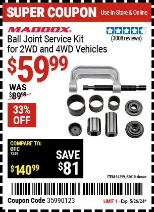 Buy the MADDOX Ball Joint Service Kit for 2WD and 4WD Vehicles (Item 63610/64399) for $59.99, valid through 5/26/24.