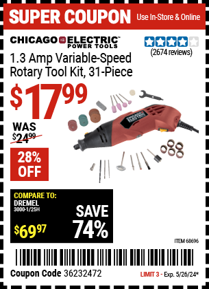 Buy the CHICAGO ELECTRIC Heavy Duty Variable Speed Rotary Tool Kit 31 Pc. (Item 68696/57143) for $17.99, valid through 5/26/24.