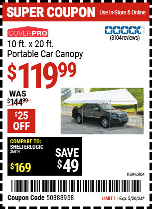 Buy the COVERPRO 10 ft. X 20 ft. Portable Car Canopy (Item 63054) for $119.99, valid through 5/26/24.