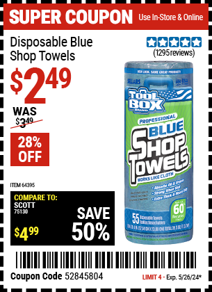 Buy the TOOLBOX Disposable Blue Shop Towels (Item 64395) for $2.49, valid through 5/26/24.