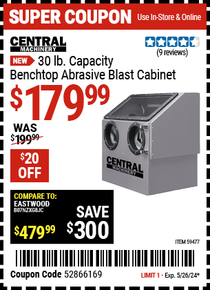 Buy the CENTRAL MACHINERY 30 lb. Capacity Benchtop Abrasive Blast Cabinet (Item 59477) for $179.99, valid through 5/26/24.