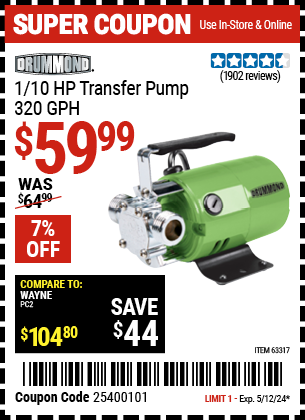 Buy the DRUMMOND 1/10 HP Transfer Pump (Item 63317) for $59.99, valid through 5/12/2024.
