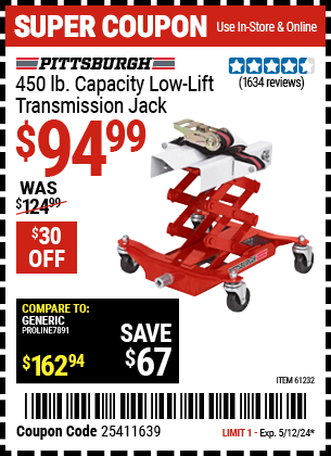 Buy the PITTSBURGH AUTOMOTIVE 450 lbs. Low Lift Transmission Jack (Item 61232) for $94.99, valid through 5/12/2024.