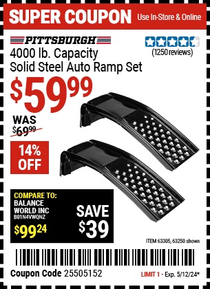 Buy the PITTSBURGH AUTOMOTIVE Solid Steel Auto Ramp Set (Item 63250/63305) for $59.99, valid through 5/12/2024.