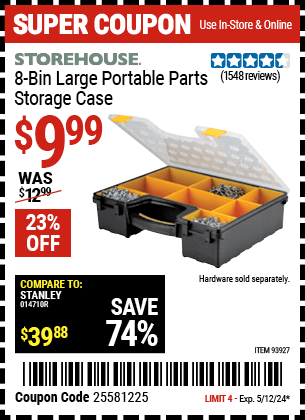 Buy the STOREHOUSE 8 Bin Large Portable Parts Storage Case (Item 93927) for $9.99, valid through 5/12/2024.