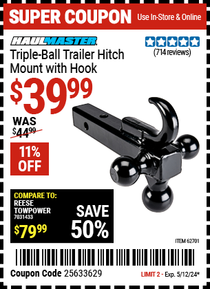 Buy the HAUL-MASTER Triple Ball Trailer Hitch Mount with Hook (Item 62701) for $39.99, valid through 5/12/2024.