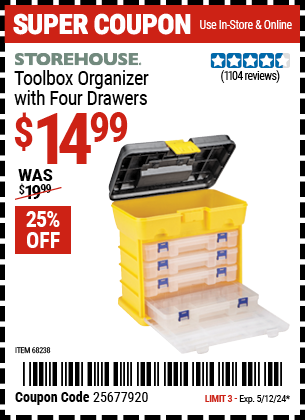 Buy the STOREHOUSE Toolbox Organizer with 4 Drawers (Item 68238) for $14.99, valid through 5/12/2024.