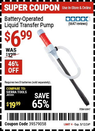 Buy the Battery-Operated Liquid Transfer Pump (Item 63847) for $6.99, valid through 5/12/2024.