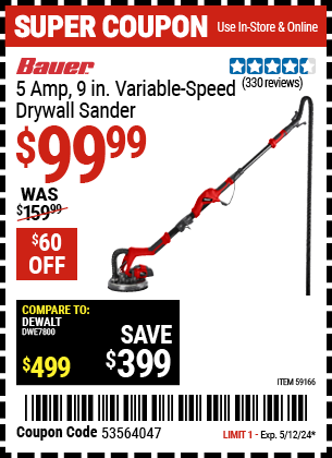 Buy the BAUER 5 Amp 9 in. Variable Speed Drywall Sander (Item 59166) for $99.99, valid through 5/12/2024.